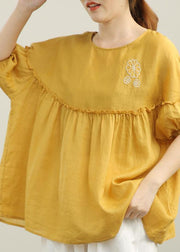 Organic Yellow Embroideried Cinched Cotton Shirt Summer - bagstylebliss