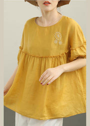 Organic Yellow Embroideried Cinched Cotton Shirt Summer - bagstylebliss