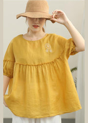 Organic Yellow Embroideried Cinched Cotton Shirt Summer - bagstylebliss