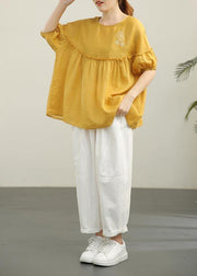 Organic Yellow Embroideried Cinched Cotton Shirt Summer - bagstylebliss