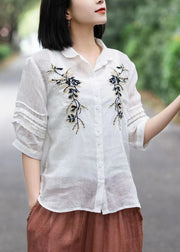 Organic Yellow Embroidered Lace Patchwork Ramie Shirts Fall