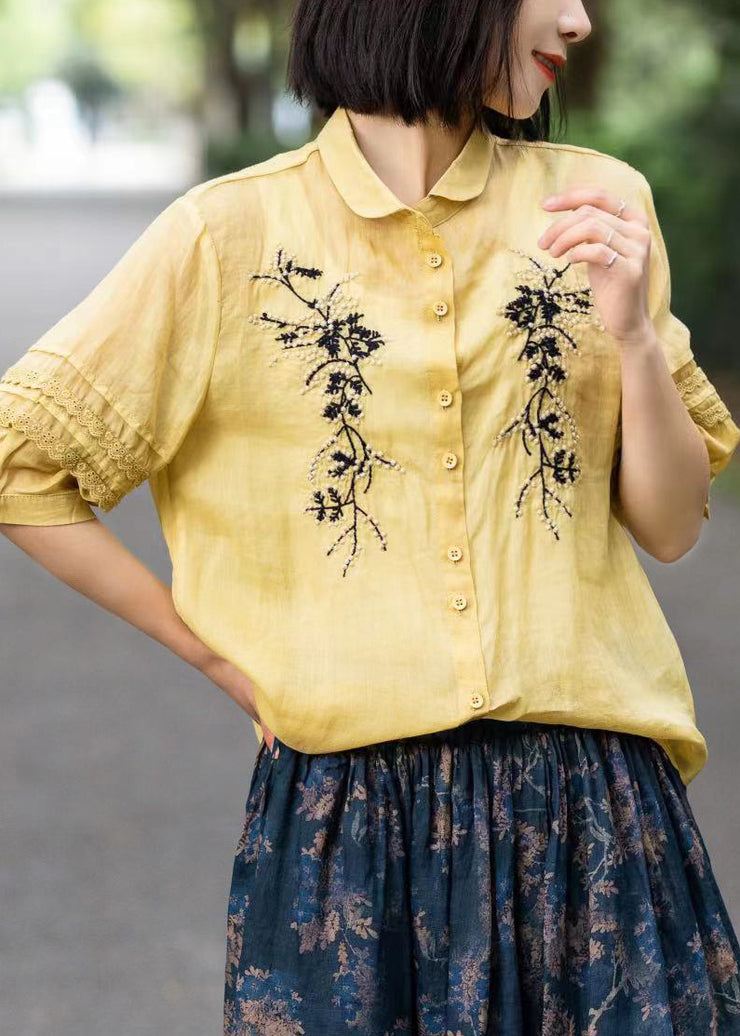 Organic Yellow Embroidered Lace Patchwork Ramie Shirts Fall