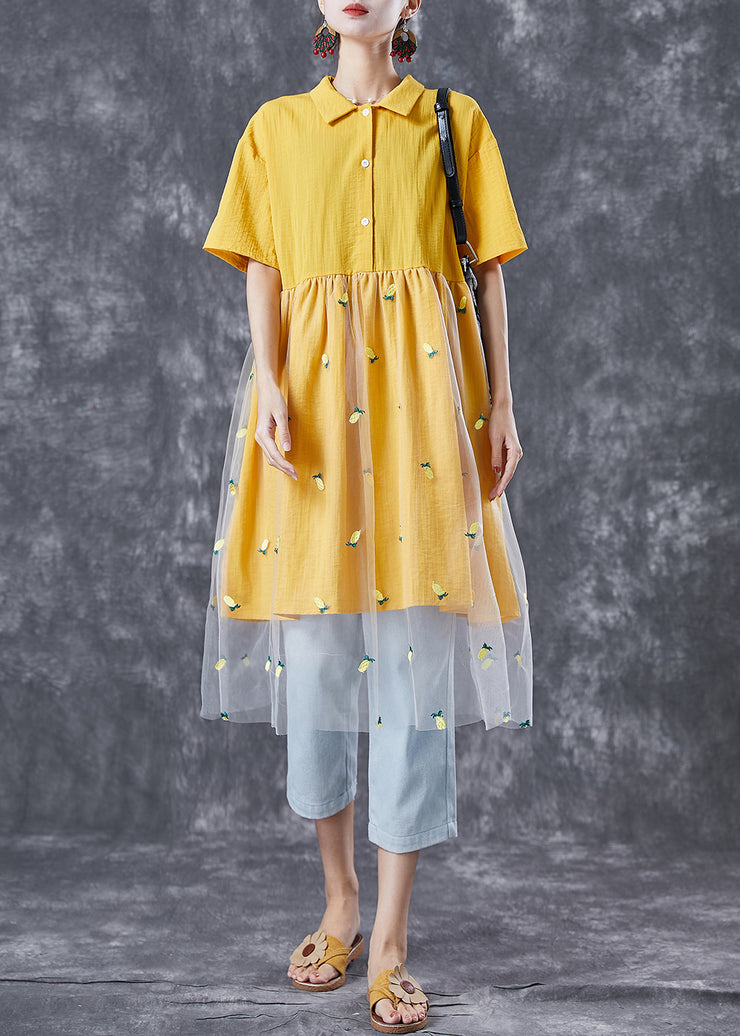 Organic Yellow Embroidered Patchwork Tulle Cotton Dress Summer