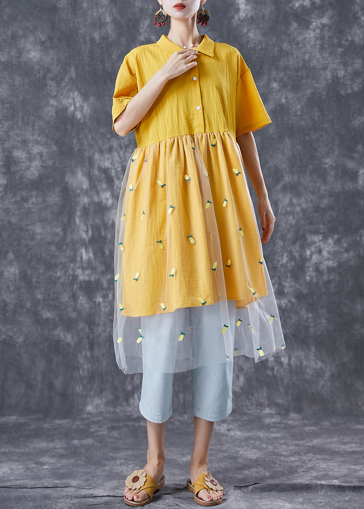 Organic Yellow Embroidered Patchwork Tulle Cotton Dress Summer