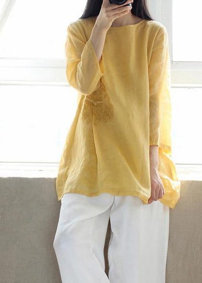 Organic Yellow Embroidery Tunic O Neck Sleeveless Art Shirts - bagstylebliss