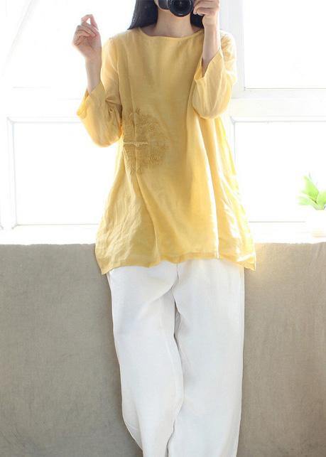Organic Yellow Embroidery Tunic O Neck Sleeveless Art Shirts - bagstylebliss