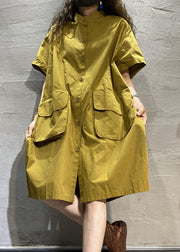 Organic Yellow Loose Button Pockets Fall Halbarm Maxikleid