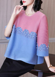 Organic Pink Pearl Beads Shirt Top Short Sleeve Blouse - bagstylebliss