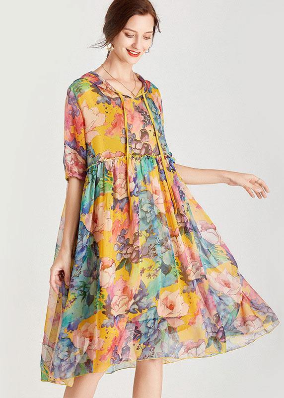 Organic Yellow Patchwork Print Summer Chiffon Dresses - bagstylebliss