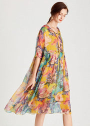 Organic Yellow Patchwork Print Summer Chiffon Dresses - bagstylebliss