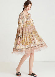 Organic Yellow Print Patchwork Lace Mid Dress Fall Chiffon Dress