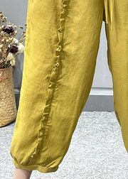 Organic Yellow Ruffled Pockets Linen Crop Pants Summer