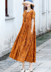 Organic Yellow Wrinkled Patchwork Linen Long Dress Short Sleeve