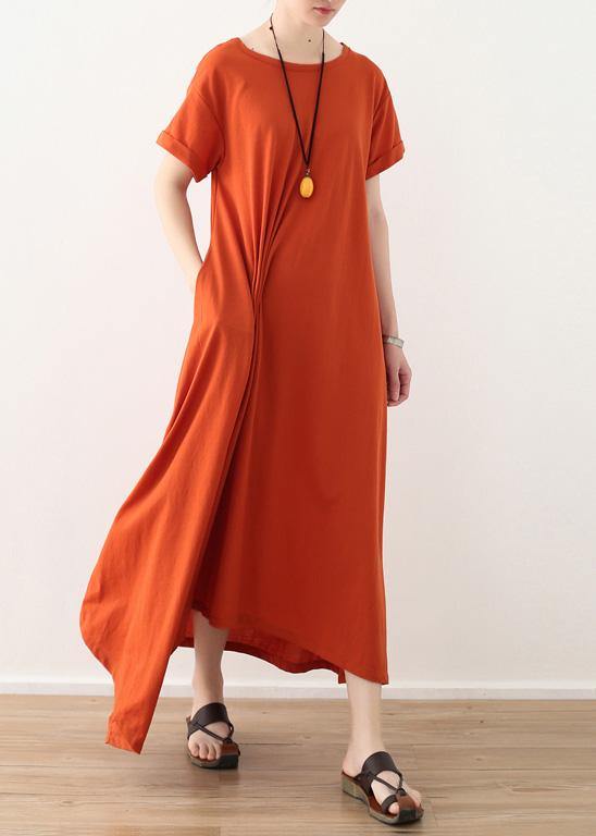 Organic asymmetric design hem linen clothes short sleeve long orange Dresses - bagstylebliss