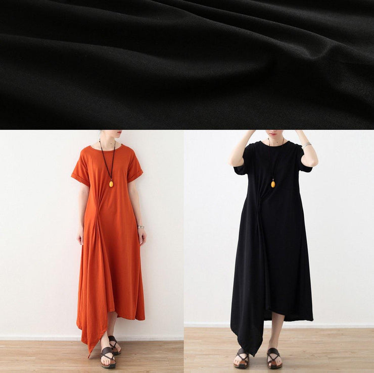 Organic asymmetric design hem linen clothes short sleeve long orange Dresses - bagstylebliss
