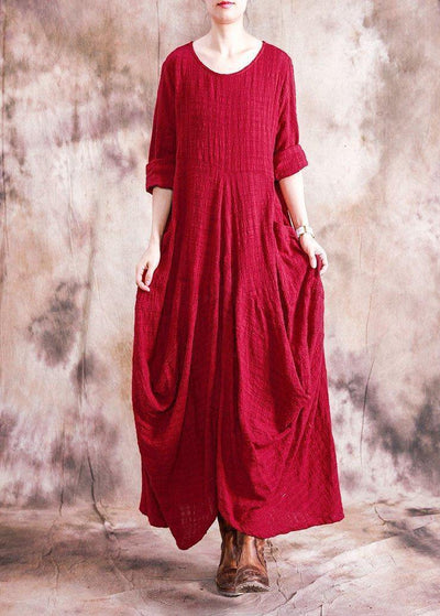 Organic asymmetric linen clothes For Women Fabrics red Dress fall - bagstylebliss