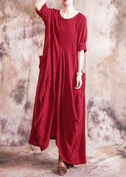 Organic asymmetric linen clothes For Women Fabrics red Dress fall - bagstylebliss