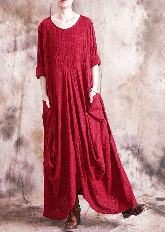 Organic asymmetric linen clothes For Women Fabrics red Dress fall - bagstylebliss