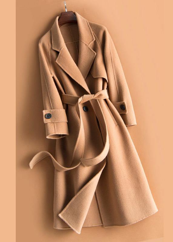 Organic beige Plus Size crane Woolen Coats Work Notched tie waist women Woolen Coats - bagstylebliss