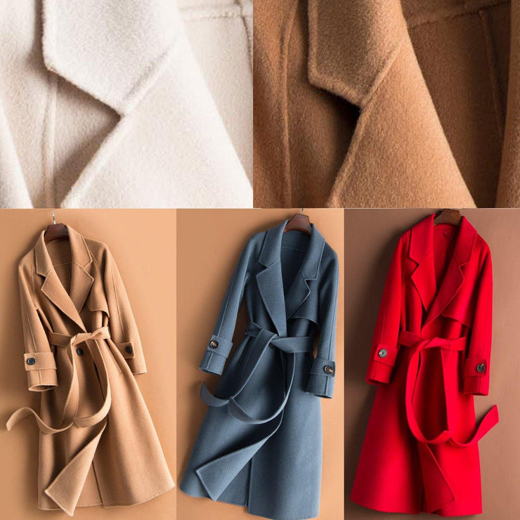 Organic beige Plus Size crane Woolen Coats Work Notched tie waist women Woolen Coats - bagstylebliss