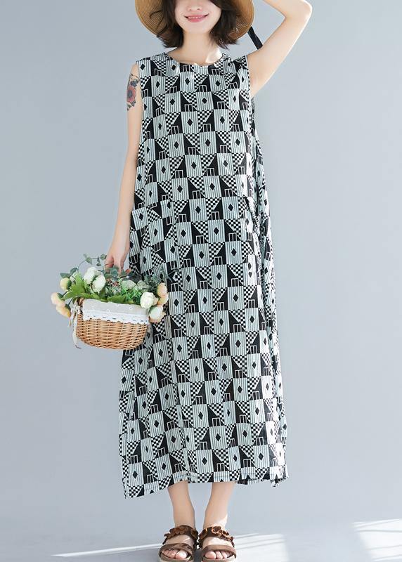 Organic black Geometric cotton o neck sleeveless long summer Dresses - bagstylebliss