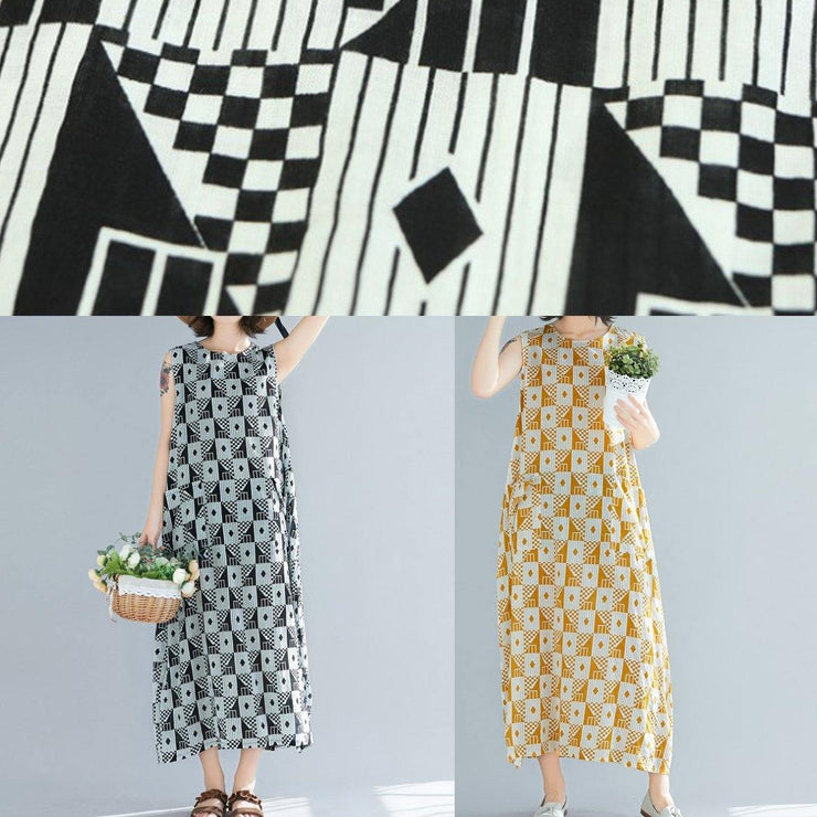 Organic black Geometric cotton o neck sleeveless long summer Dresses - bagstylebliss