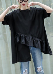Organic black cotton Blouse rrffles hem oversized summer tops - bagstylebliss