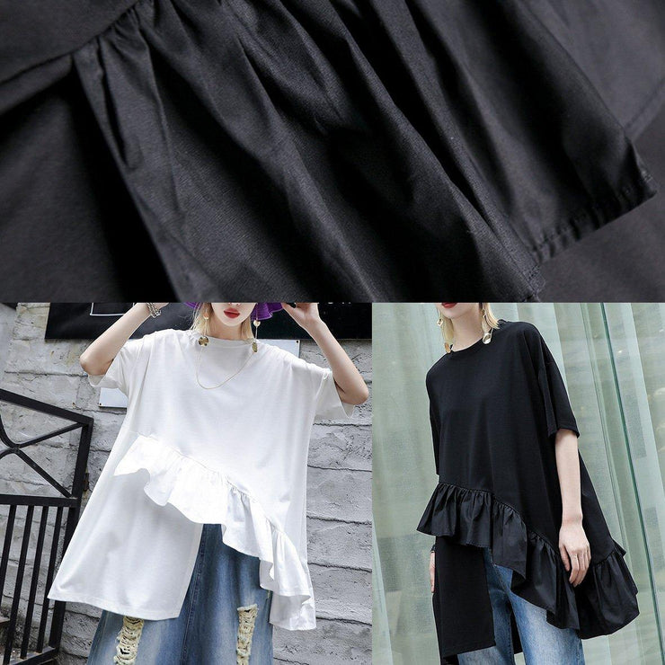 Organic black cotton Blouse rrffles hem oversized summer tops - bagstylebliss