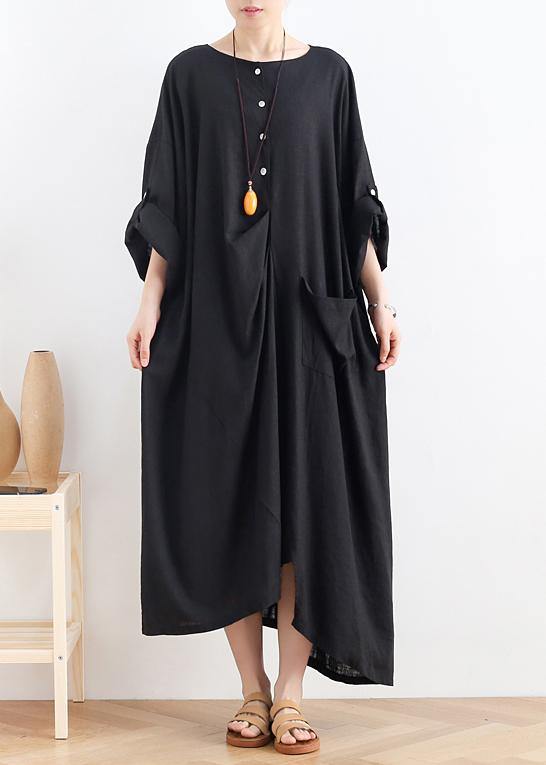 Organic black cotton dresses o neck asymmetric Maxi summer Dresses - bagstylebliss