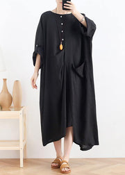 Organic black cotton dresses o neck asymmetric Maxi summer Dresses - bagstylebliss