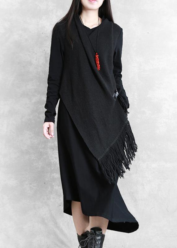 Organic black cotton quilting clothes false two pieces A Line asymmetric Dresses - bagstylebliss