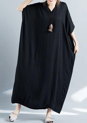 Organic black cotton quilting dresses v neck baggy long summer Dresses - bagstylebliss