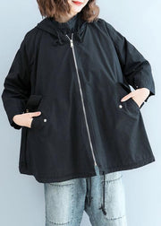 Organic black hooded Fine clothes Sleeve zippered fall short coats - bagstylebliss