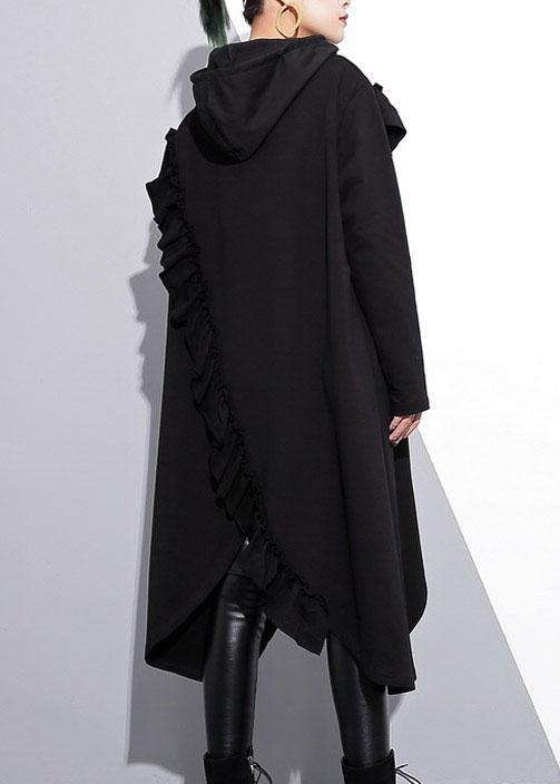 Organic black hooded cotton clothes ruffles long fall Dress - bagstylebliss