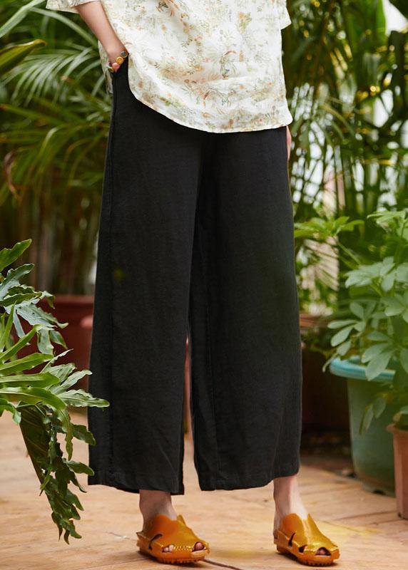 Organic black linen clothes For Women pockets long elastic waist wide leg pants - bagstylebliss