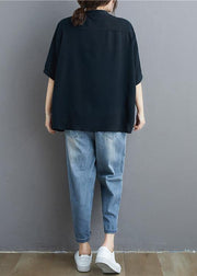 Organic black linen tunic top Fashion stand collar summer blouse - bagstylebliss