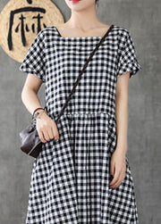 Organic black plaid linen cotton quilting clothes Square Collar patchwork cotton summer Dress - bagstylebliss