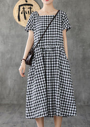 Organic black plaid linen cotton quilting clothes Square Collar patchwork cotton summer Dress - bagstylebliss