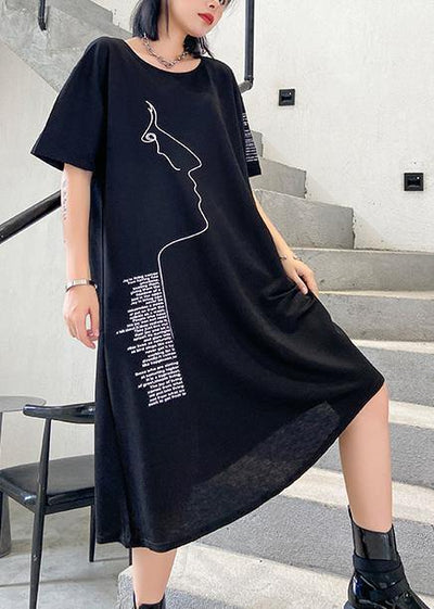 Organic black print Cotton o neck asymmetric oversized summer Dresses - bagstylebliss