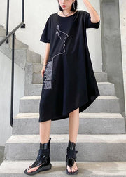 Organic black print Cotton o neck asymmetric oversized summer Dresses - bagstylebliss