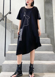 Organic black print Cotton o neck asymmetric oversized summer Dresses - bagstylebliss