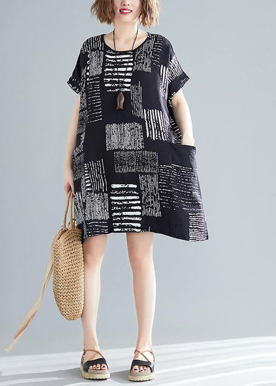 Organic black print Cotton quilting dresses Korea Outfits o neck pockets short Summer Dresses - bagstylebliss