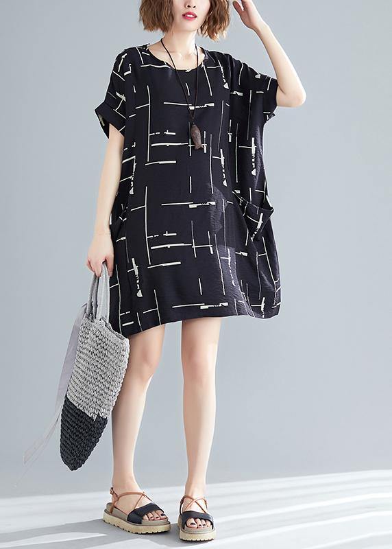 Organic black print Cotton quilting dresses Korea Outfits o neck pockets short Summer Dresses - bagstylebliss