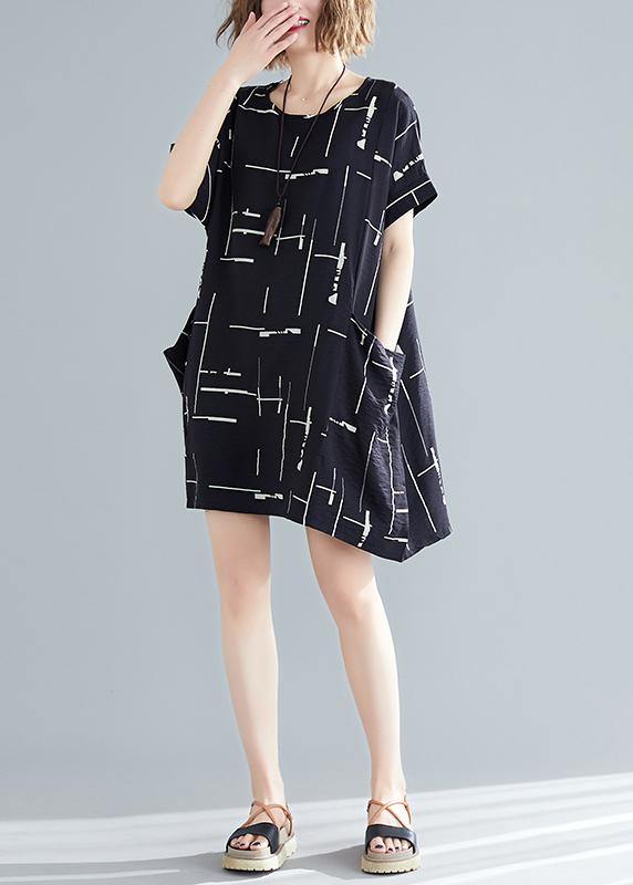 Organic black print Cotton quilting dresses Korea Outfits o neck pockets short Summer Dresses - bagstylebliss