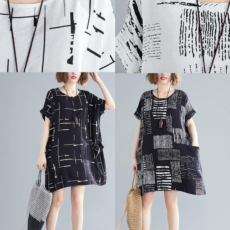 Organic black print Cotton quilting dresses Korea Outfits o neck pockets short Summer Dresses - bagstylebliss