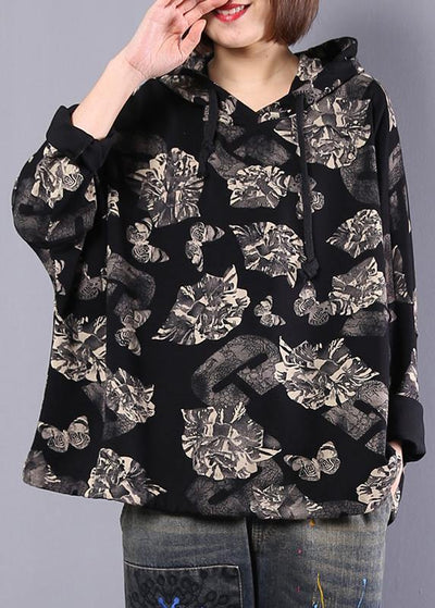 Organic black prints cotton Blouse hooded Plus Size Clothing autumn tops - bagstylebliss