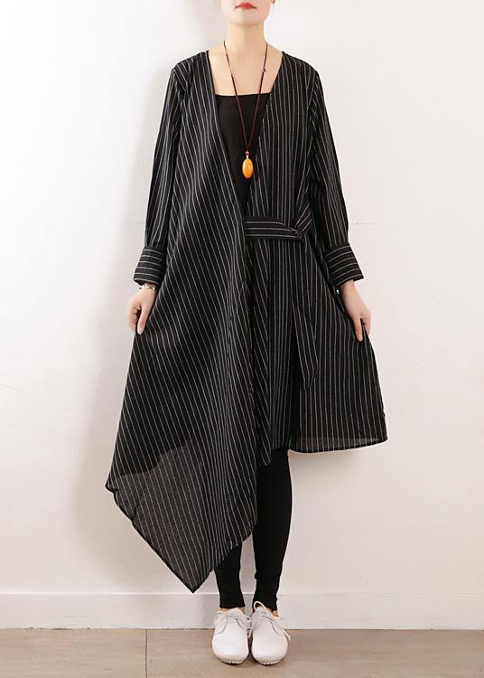 Organic black striped cotton Long Shirts v neck asymmetric Maxi Dresses - bagstylebliss