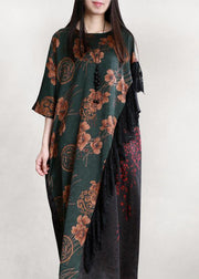 Organic blackish green print Robes o neck patchwork long Dresses - bagstylebliss