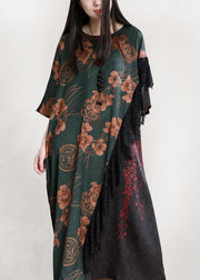 Organic blackish green print Robes o neck patchwork long Dresses - bagstylebliss