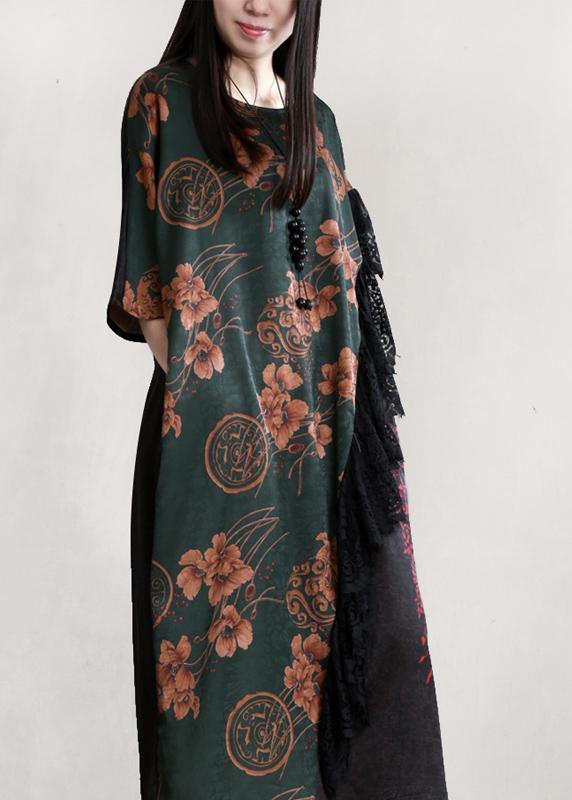 Organic blackish green print Robes o neck patchwork long Dresses - bagstylebliss